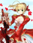  1girl aestus_estus ahoge blonde_hair braid breasts cleavage commentary_request dress epaulettes fate/extra fate/grand_order fate_(series) french_braid green_eyes hair_intakes hair_ribbon juliet_sleeves large_breasts long_sleeves nero_claudius_(fate) nero_claudius_(fate)_(all) puffy_sleeves red_dress red_ribbon ribbon saber_extra sazanami890 see-through solo sword weapon wide_sleeves 
