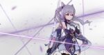  1girl bangs bare_shoulders black_gloves closed_eyes electricity genshin_impact gloves highres holding holding_sword holding_weapon keqing_(genshin_impact) long_hair looking_at_viewer purple_hair shigeru_do_dai_ga_cha sleeveless solo sword twintails violet_eyes weapon white_background 