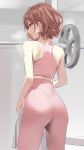  1girl ass bare_shoulders bra from_behind gym hair_ornament hairpin highres higuchi_madoka idolmaster idolmaster_shiny_colors leggings nape pink_bra pink_legwear redhead solo sports_bra sportswear sweat sweatdrop towel underwear violet_eyes weightlifting weights yd_(orange_maru) 