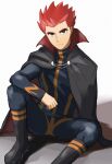  1boy arm_support black_eyes black_footwear boots cape closed_mouth frown grey_jacket grey_pants highres imasara_maki jacket lance_(pokemon) long_sleeves looking_at_viewer male_focus pants pokemon pokemon_(game) pokemon_hgss popped_collar redhead short_hair sitting solo spiky_hair split_mouth 
