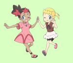  2girls ;d ;q bike_shorts blonde_hair blue_eyes blush bonnie_(pokemon) brown_hair brown_shirt commentary_request dark-skinned_female dark_skin dress eyelashes green_background green_eyes hands_up holding_hands jewelry kouzuki_(reshika213) mimo_(pokemon) multicolored_hair multiple_girls necklace one_eye_closed open_mouth outstretched_arm pink_dress pink_footwear pokemon pokemon_(anime) pokemon_sm_(anime) pokemon_xy_(anime) redhead sandals shiny shiny_hair shirt shoes short_sleeves simple_background skirt smile toes tongue tongue_out two-tone_hair w white_skirt 