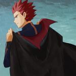  1boy black_cape cape closed_mouth from_behind grey_eyes hands_up highres holding holding_cape holding_clothes imasara_maki jacket lance_(pokemon) long_sleeves looking_at_viewer looking_back male_focus outdoors pokemon pokemon_(game) pokemon_hgss rain redhead short_hair solo spiky_hair upper_body 