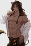  1boy absurdres animal_ears braid dark-skinned_male dark_skin green_eyes hand_up highres leona_kingscholar licking_lips lion_tail long_hair navel open_clothes open_shirt pectorals shirt simple_background solo standing tail tattoo toned toned_male tongue tongue_out twisted_wonderland underpants undressing waniwani4869 white_background white_shirt 