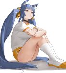  1girl animal_ears ass bangs blue_hair blunt_bangs bracelet choker commentary full_body gym_shirt gym_uniform highres hugging_own_legs jewelry knees_up long_hair mole mole_under_eye original parted_lips shirt shoes simple_background sitting sneakers solo sportswear teeth thick_eyebrows thighs twintails violet_eyes white_background white_legwear yoshio_(55level) 