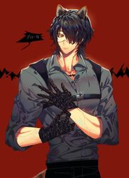  1boy adjusting_clothes adjusting_gloves arknights bishounen black_hair broca_(arknights) chest_belt cowboy_shot gloves grey_shirt highres kikan_(kikanoe) large_pectorals leather leather_gloves male_focus muscular muscular_male pectorals shirt short_hair solo 