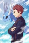  1boy belt closed_mouth clouds commentary_request crossed_arms day dragonair from_side highres imasara_maki jacket lance_(pokemon) long_sleeves male_focus outdoors pants pokemon pokemon_(creature) pokemon_(game) pokemon_hgss redhead short_hair sky smile spiky_hair 