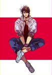  1boy absurdres battle_tendency brown_hair capri_pants denim edwintarm highres jacket jeans jojo_no_kimyou_na_bouken joseph_joestar joseph_joestar_(young) male_focus pants shoes sitting sleeves_rolled_up sneakers solo track_jacket wristband 