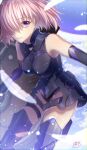  1girl armor bare_shoulders black_armor black_gloves breastplate closed_mouth clouds cloudy_sky commentary_request elbow_gloves eyebrows_visible_through_hair eyes_visible_through_hair fate/grand_order fate_(series) gloves grass hair_over_one_eye highres holding holding_shield holding_weapon light_purple_hair looking_at_viewer mash_kyrielight mountain out_of_frame outdoors pandapanda_l0ve pov purple_eyes purple_gloves shield shielder_(fate/grand_order) short_hair sky smile two-tone_gloves weapon 