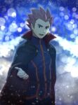  1boy belt black_cape cape commentary_request grey_eyes imasara_maki jacket lance_(pokemon) long_sleeves looking_at_viewer male_focus open_mouth pants pokemon pokemon_(game) pokemon_hgss popped_collar redhead short_hair smile solo spiky_hair tongue 