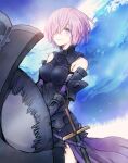  1girl 1other armor bare_shoulders black_armor black_gloves breastplate closed_mouth clouds cloudy_sky commentary_request elbow_gloves eyebrows_visible_through_hair eyes_visible_through_hair fate/grand_order fate_(series) gloves grass hair_over_one_eye highres holding holding_shield holding_weapon light_purple_hair looking_at_viewer mash_kyrielight mountain mwsbi out_of_frame outdoors pov purple_eyes purple_gloves shield short_hair sky smile two-tone_gloves weapon 