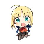  1girl ahoge artoria_pendragon_(fate) bangs blonde_hair blush bow braid chibi commentary_request eyebrows_visible_through_hair fate/stay_night fate_(series) green_eyes hanabana_tsubomi homurahara_academy_uniform looking_at_viewer lowres open_mouth ribbon saber school_uniform short_hair simple_background skirt solo thigh-highs vest white_background 