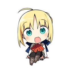  1girl ahoge artoria_pendragon_(fate) bangs blonde_hair blush bow braid chibi commentary_request eyebrows_visible_through_hair fate/stay_night fate_(series) green_eyes hanabana_tsubomi homurahara_academy_uniform looking_at_viewer lowres open_mouth ribbon saber school_uniform short_hair simple_background skirt solo thigh-highs vest white_background 