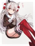  1girl absurdres amatsukaze_(kancolle) black_choker brown_dress choker dress fathom garter_straps gloves grey_background hair_tubes highres kantai_collection long_hair looking_at_viewer red_legwear sailor_dress shiny shiny_hair silver_hair simple_background solo thigh-highs thighs translation_request two_side_up white_gloves windsock yellow_eyes 