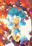  :t apple autumn_leaves branch closed_eyes closed_mouth commentary_request eating food food_on_face fruit highres holding holding_food holding_fruit kotone11152 no_humans pokemon pokemon_(creature) simipour solo standing toes 