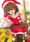  1girl ;d bangs black_legwear blurry blurry_foreground boots brown_hair christmas commentary_request dated depth_of_field dress eyebrows_visible_through_hair fingerless_gloves fur-trimmed_dress fur_trim gift gloves hair_ornament hairclip hat highres leg_up looking_at_viewer lyrical_nanoha mahou_shoujo_lyrical_nanoha mahou_shoujo_lyrical_nanoha_a&#039;s one_eye_closed open_mouth pantyhose partial_commentary red_dress red_footwear red_gloves red_headwear ribbon san-pon santa_boots santa_dress santa_gloves santa_hat short_dress short_hair short_sleeves smile solo sparkle standing standing_on_one_leg star_(symbol) twitter_username w waving x_hair_ornament yagami_hayate 