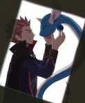  1boy cape closed_eyes closed_mouth commentary_request dragonair from_side hands_up highres imasara_maki jacket lance_(pokemon) long_sleeves male_focus pokemon pokemon_(creature) pokemon_(game) pokemon_hgss popped_collar redhead short_hair smile spiky_hair upper_body 