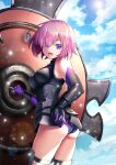  1girl 1other armor bare_shoulders black_armor black_gloves breastplate closed_mouth clouds cloudy_sky commentary_request elbow_gloves eyebrows_visible_through_hair eyes_visible_through_hair fate/grand_order fate_(series) gloves grass hair_over_one_eye highres holding holding_shield holding_weapon light_purple_hair looking_at_viewer mash_kyrielight mountain out_of_frame outdoors pov purple_eyes purple_gloves shield short_hair sky smile two-tone_gloves we_genn weapon 