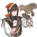  1girl 1other absurdres animal arm_up bangs bird bird_on_hand black_vest brown_gloves brown_hair eyebrows_visible_through_hair falcon falcon_(girls&#039;_frontline) girls_frontline gloves headband highres long_hair looking_at_another one_eye_closed open_mouth ponytail rampart1028 red_eyes red_headband ribbon shirt sidelocks smile solo upper_body vest white_background white_shirt 