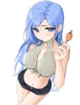  1girl bare_arms bare_shoulders black_shorts blue_eyes blue_hair blush breasts candy chaesu commentary cowboy_shot crop_top eyebrows_visible_through_hair food grey_shirt hand_up highres holding holding_food large_breasts lollipop long_hair looking_at_viewer midriff minah_(chaesu) navel original shirt short_shorts shorts sleeveless sleeveless_shirt solo standing stomach very_long_hair 
