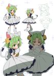  1girl animal_ears apron arm_warmers bell blue_dress cat_ears chibi dejiko di_gi_charat dress fang green_eyes green_hair hair_bell hair_ornament highres jingle_bell looking_at_viewer maid_apron medium_hair multiple_views neck_bell open_mouth smile sumiyao_(amam) white_apron white_dress 