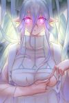  +_+ 1girl absurdres backlighting bing_(fukuwarai) braid breasts clothes_pull curled_horns dress fate/grand_order fate/grand_order_arcade fate_(series) glowing glowing_eyes hair_between_eyes highres horns large_breasts larva_tiamat_(fate) long_hair long_horns long_sleeves looking_at_viewer pink_eyes pointy_ears ribbed_dress sidelocks silver_hair solo symbol-shaped_pupils tiamat_(fate) very_long_hair white_dress 