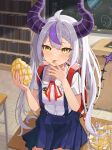  1girl :p absurdres ahoge bangom_r bangs blue_skirt blush braid breasts chalkboard classroom collared_shirt commentary demon_horns eating food food_on_face highres holding holding_food hololive horns indoors la+_darknesss listener_(inugami_korone) long_hair looking_at_viewer medium_breasts multicolored_hair nail_polish neck_ribbon pink_nails pleated_skirt purple_hair red_ribbon ribbon school_uniform shirt short_sleeves silver_hair skirt solo streaked_hair suspender_skirt suspenders tongue tongue_out translation_request very_long_hair virtual_youtuber white_shirt yellow_eyes 
