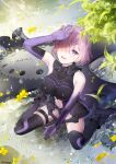  1girl 1other armor bare_shoulders black_armor black_gloves breastplate closed_mouth clouds cloudy_sky commentary_request elbow_gloves eyebrows_visible_through_hair eyes_visible_through_hair fate/grand_order fate_(series) gloves grass hair_over_one_eye highres holding holding_shield holding_weapon light_purple_hair looking_at_viewer mash_kyrielight mountain out_of_frame outdoors pov purple_eyes purple_gloves sandeul shield short_hair sky smile two-tone_gloves weapon 