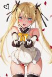  1girl blonde_hair blue_eyes chigasaki_yukari dead_or_alive detached_sleeves dress gloves heart lace-trimmed_dress lace_trim long_hair looking_at_viewer marie_rose navel necktie petals ribbon rose_petals sailor simple_background solo thighs twintails white_dress yellow_ribbon 