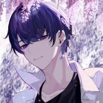  1boy bangs black_shirt grin highres jacket jewelry looking_at_viewer male_focus marius_von_hagen_(tears_of_themis) necklace open_clothes open_jacket open_mouth purple_hair shirt short_hair smile tears_of_themis teeth tercynya violet_eyes white_jacket 