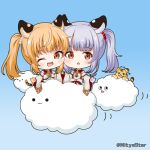  2girls :3 :o ;d animal animal_ears animal_hands bai_(granblue_fantasy) bangs blonde_hair blue_background brown_eyes brown_gloves cidala_(granblue_fantasy) clouds commentary_request detached_sleeves dress eyebrows_visible_through_hair flying_sweatdrops gloves gradient gradient_background granblue_fantasy grey_hair huang_(granblue_fantasy) laolao_(granblue_fantasy) long_hair long_sleeves mitya multiple_girls one_eye_closed parted_lips paw_gloves red_dress smile solid_circle_eyes tiger tiger_ears twintails twitter_username white_gloves white_sleeves wide_sleeves 