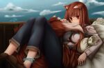  1girl animal_ears breasts brown_hair clouds eyebrows_visible_through_hair highres holo long_hair lying nail_polish pouch red_eyes seraziel signature sky small_breasts solo spice_and_wolf star_(sky) tail tail_in_mouth wagon white_nails wolf_ears wolf_girl wolf_tail 