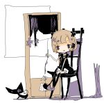  1girl :d animal bangs bare_arms between_legs black_bow black_cat black_choker black_dress black_legwear blonde_hair blunt_bangs blush_stickers bob_cut bow cat cat_teaser chair choker collarbone dress dress_bow eye_contact facing_viewer foot_dangle frilled_sleeves frills full_body guillotine guillotine_girl_(yukihi) hair_bow hair_ornament hand_between_legs hand_up holding light_brown_hair limited_palette looking_at_another looking_to_the_side no_nose on_chair original parted_lips puffy_short_sleeves puffy_sleeves purple_footwear shadow short_hair short_sleeves sitting smile thigh-highs violet_eyes white_background white_bow yukihi 