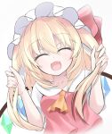  1girl :d ascot bangs blonde_hair closed_eyes crystal facing_viewer fangs flandre_scarlet hand_in_hair hat hat_ribbon highres medium_hair mob_cap open_mouth red_ribbon ribbon s_vileblood short_sleeves simple_background skin_fangs smile solo touhou upper_body white_background white_headwear wings yellow_ascot 
