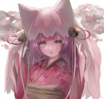  :d animal_ears bangs bell blurry blurry_background character_request depth_of_field eyebrows_visible_through_hair floral_print green_eyes hands_up hemorina japanese_clothes jingle_bell kimono looking_at_viewer obi pink_kimono print_kimono purple_hair puzzle_&amp;_dragons sash see-through simple_background smile upper_body veil white_background 