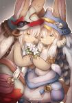  2others animal_ears armor bangs blackcat_(blackcatbox) blue_headwear blunt_bangs dated ears_through_headwear fake_horns feet_out_of_frame flower furry green_eyes helmet holding holding_flower horned_helmet horns japanese_armor kabuto looking_at_viewer made_in_abyss multiple_others nanachi_(made_in_abyss) navel o-ring pants pelt pouch profile rabbit_ears sidelocks topless whiskers white_hair yellow_eyes 