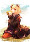  1girl animal_ears arknights bangs bear_ears black_dress black_jacket blonde_hair candy_hair_ornament day dress food food-themed_hair_ornament frying_pan full_body gummy_(arknights) hair_ornament hairclip hand_up hemorina highres holding holding_food jacket long_sleeves on_grass open_clothes open_jacket orange_legwear outdoors pantyhose puffy_long_sleeves puffy_sleeves red_eyes sandwich seiza sitting sleeves_past_wrists solo twitter_username 