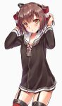  1girl amatsukaze_(kancolle) amatsukaze_(kancolle)_(cosplay) brown_dress brown_eyes brown_hair commentary_request cosplay dress flower garter_straps grey_neckerchief hair_flower hair_ornament hair_tubes kantai_collection lifebuoy_ornament looking_at_viewer mayura2002 neckerchief red_legwear sailor_collar sailor_dress short_dress short_hair simple_background solo standing striped thigh-highs two_side_up white_background white_sailor_collar windsock yukikaze_(kancolle) 