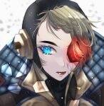  1girl absurdres apex_legends bangs black_headwear black_jacket blonde_hair blue_eyes deep_current_wattson eyepatch floating_hair glowing highres jacket looking_to_the_side official_alternate_costume one_eye_covered red_lips scar scar_on_cheek scar_on_face siki_mhr solo wattson_(apex_legends) white_background 