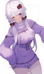 1girl bangs breasts eyebrows_visible_through_hair hair_between_eyes long_hair long_sleeves looking_at_viewer medium_breasts parted_lips puffy_long_sleeves puffy_sleeves purple_sweater silver_hair simple_background sleeves_past_wrists solo sweater turtleneck turtleneck_sweater violet_eyes vocaloid voiceroid white_background yuzuki_yukari zoruboi 