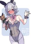  1girl animal_ears bangs bare_shoulders black_hairband blush bow cevio collarbone double_bun eyebrows_visible_through_hair green_bow grey_background grey_hair grey_legwear grey_leotard groin hair_ornament hairband hairclip hands_up koharu_rikka leotard nose_blush object_hug one_eye_closed pantyhose parted_lips pink_bow rabbit_ears solo strapless strapless_leotard stuffed_animal stuffed_toy sweat teddy_bear thigh_gap translation_request two-tone_background violet_eyes white_background zoruboi 