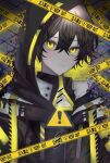  1boy black_hair caution_tape colored_skin colored_tips grey_hair greyscale keep_out looking_at_viewer male_focus monochrome nakazaki_yuna original sign warning_sign white_hair white_skin yellow_eyes 