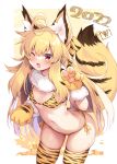  1girl 2022 ahoge animal_ear_fluff animal_ears animal_hands animal_print bangs bikini blush breasts chinese_zodiac commentary_request cowboy_shot eyebrows_visible_through_hair fox_ears fox_girl fox_tail fur_collar gloves highres looking_at_viewer navel one_eye_closed open_mouth original paw_gloves print_bikini print_legwear red_eyes roshin side-tie_bikini small_breasts solo standing stomach swimsuit tail thigh-highs tiger_print year_of_the_tiger 