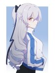  1girl black_bow blue_background bow bronya_zaychik closed_mouth from_side grey_eyes grey_hair hair_bow hand_in_pocket highres honkai_(series) honkai_impact_3rd jacket long_hair looking_at_viewer looking_to_the_side matsumotossu solo two-tone_background upper_body white_background zipper_pull_tab 