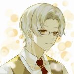  1boy bangs brown_vest closed_mouth forehead glasses highres looking_at_viewer necktie polo_shirt red_necktie shirt short_hair smile solo tears_of_themis tercynya vest vyn_richter_(tears_of_themis) white_hair white_shirt yellow_eyes 