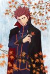  1boy autumn_leaves belt black_cape cape closed_mouth commentary_request day grey_eyes hand_up highres holding holding_leaf imasara_maki jacket lance_(pokemon) leaf long_sleeves looking_down male_focus outdoors pants pokemon pokemon_(game) pokemon_hgss popped_collar redhead short_hair smile solo spiky_hair 