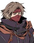  1boy black_jacket brown_hair commentary_request fire_emblem fire_emblem:_radiant_dawn headband high_collar jacket lowres male_focus mask mouth_mask red_eyes red_headband short_hair simple_background solo upper_body volke_(fire_emblem) white_background yuzuwata 