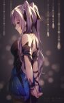  1girl arms_behind_back bangs blush bracelet breasts cosplay dress english_commentary eyebrows_visible_through_hair formal genshin_impact hair_ornament highres jewelry keqing_(genshin_impact) keqing_(genshin_impact)_(cosplay) long_hair looking_at_viewer looking_to_the_side purple_hair rimuu twintails violet_eyes 