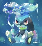  :o commentary highres holding holding_leaf kotone11152 leaf no_humans open_mouth pokemon pokemon_(creature) rain red_eyes riolu sitting solo toes tongue twitter_username water_drop 