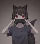  1girl absurdres animal_ears bangs breasts cellphone covering_mouth ellu highres holding holding_phone looking_at_viewer original phone red_eyes shirt short_hair signature simple_background small_breasts solo standing t-shirt tail upper_body wide-eyed 