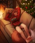  1girl animal_ears arm_up bangs barefoot brown_hair christmas_tree closed_mouth commission couch feet fire fireplace highres holo indoors long_hair long_sleeves looking_at_viewer lying no_pants on_back on_couch panties red_eyes red_ribbon red_sweater ribbon seraziel smile soles solo spice_and_wolf sweater tail toenails toes tsurime underwear white_panties wolf_ears wolf_girl wolf_tail 